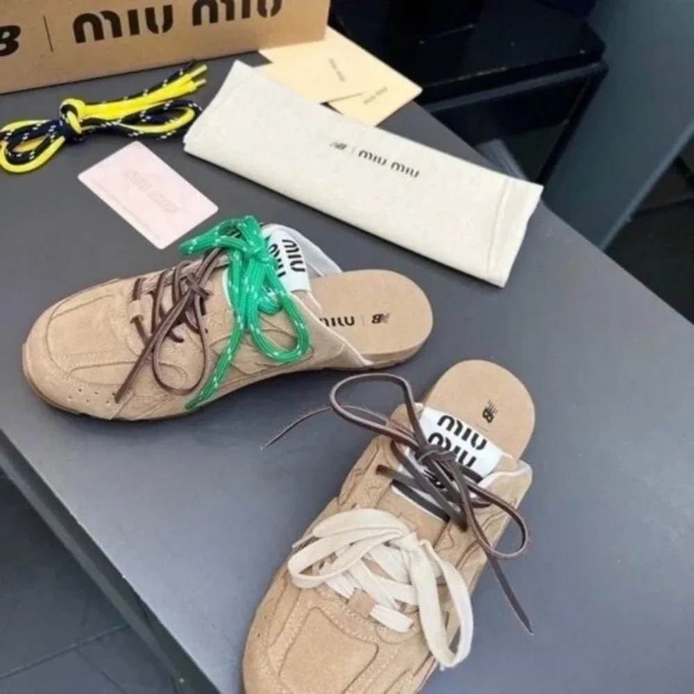Miu Miu Beige Suede Lace-Up Mule Sneakers with Multicolor Laces